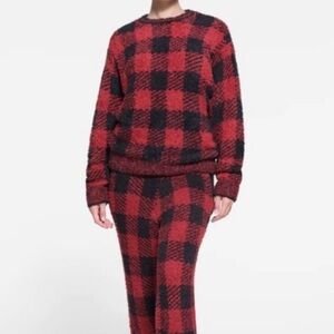 SKIMS Red and Black Plaid Sweater